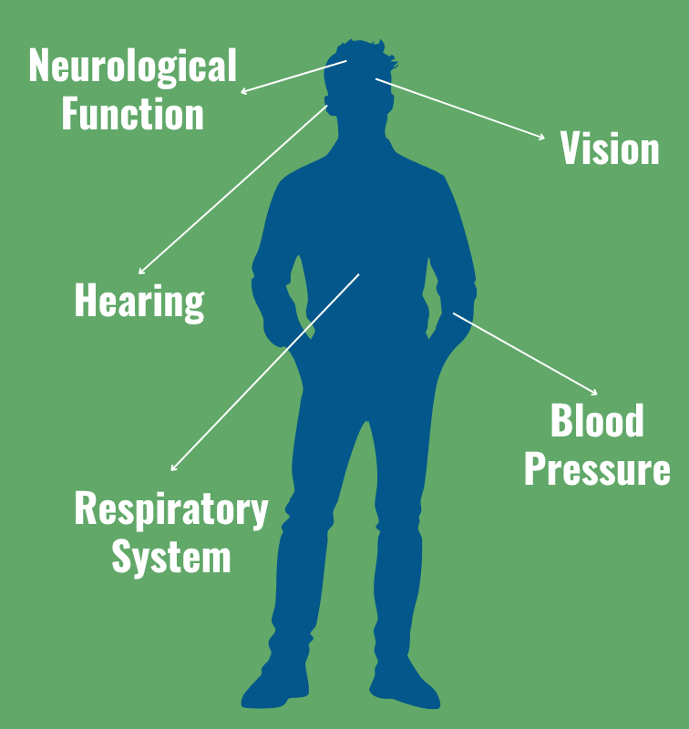 Graphic of male silhouette with arrows pointing various body parts: neurological function, vision, hearing, blood pressure, respiratory systems