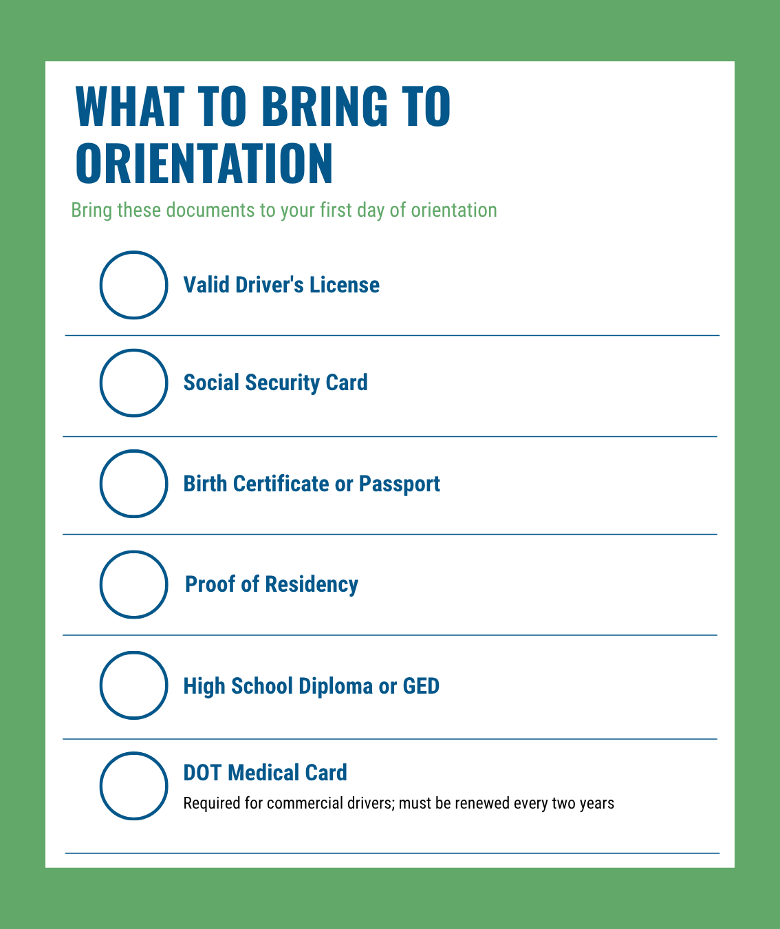 Checklist of documents required for CDL truck driving school orientation including driver's license, Social Security card, and DOT medical card