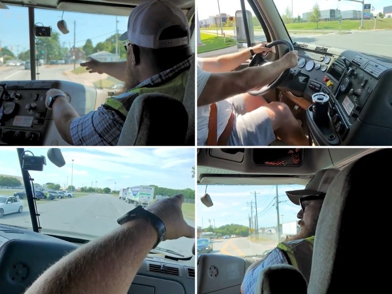 Four-panel image showing a CDL instructor coaching a student driver through on-road training in real traffic, with views of the cab interior, dashboard controls, and road ahead
