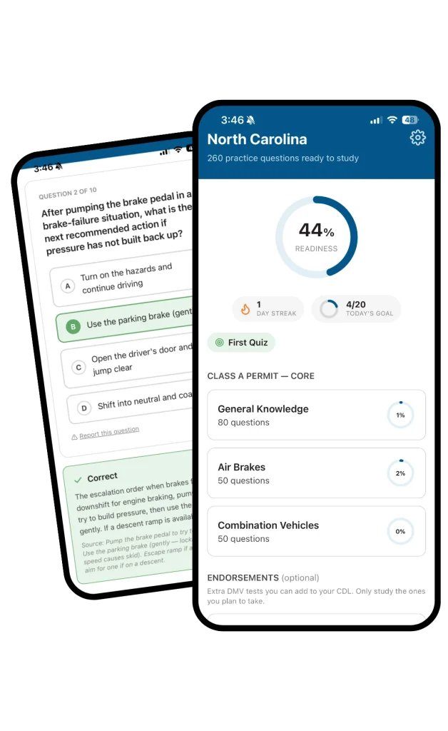 Two cell phones showing the TransTech permit prep app