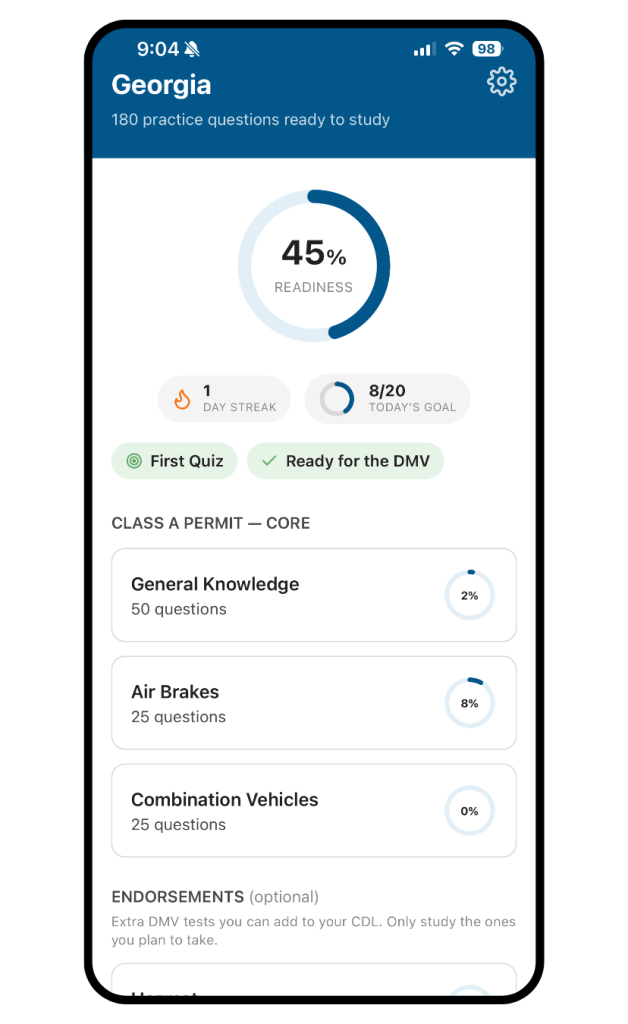 TransTech CDL permit prep app with Georgia readiness score
