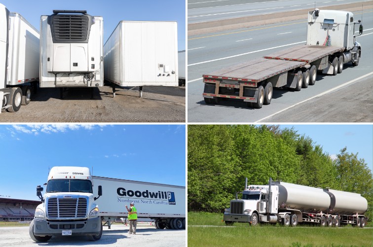 A collage of four over-the-road trucking jobs: refrigerated, dry van, flatbed, and a tanker