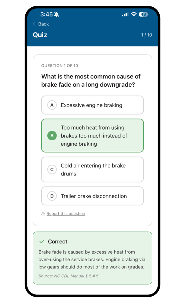 Correct answer chosen on on TransTech permit prep app