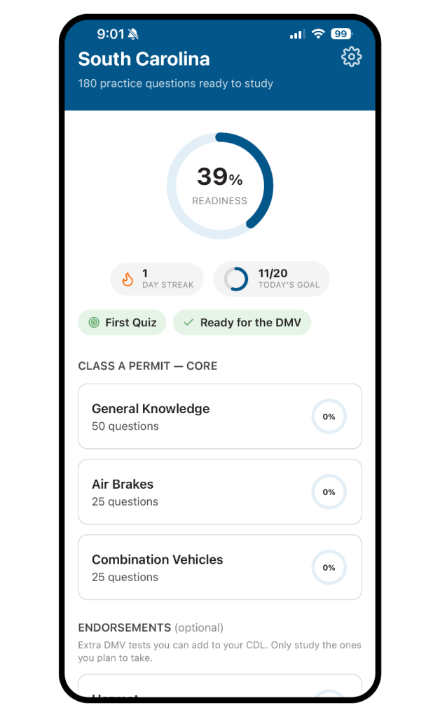 TransTech CDL permit prep app with South Carolina readiness score