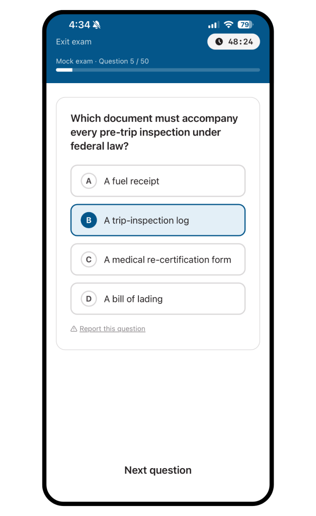 Timed mock exam on TransTech permit prep app